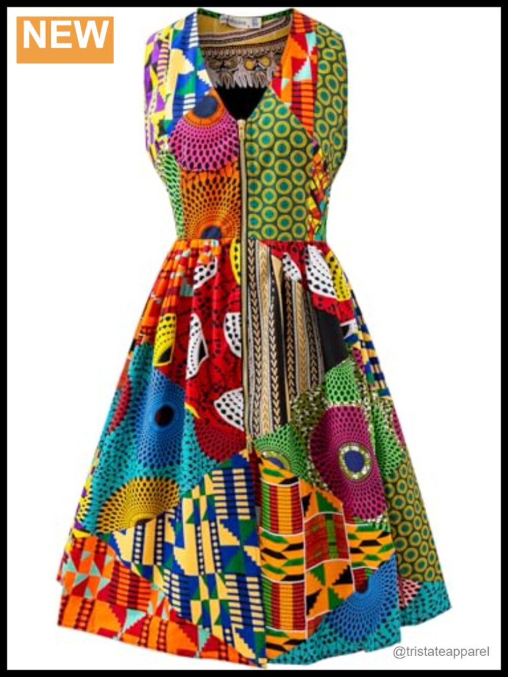 African Print Ankara Dress V Neck Sleeveless Midi A-Line